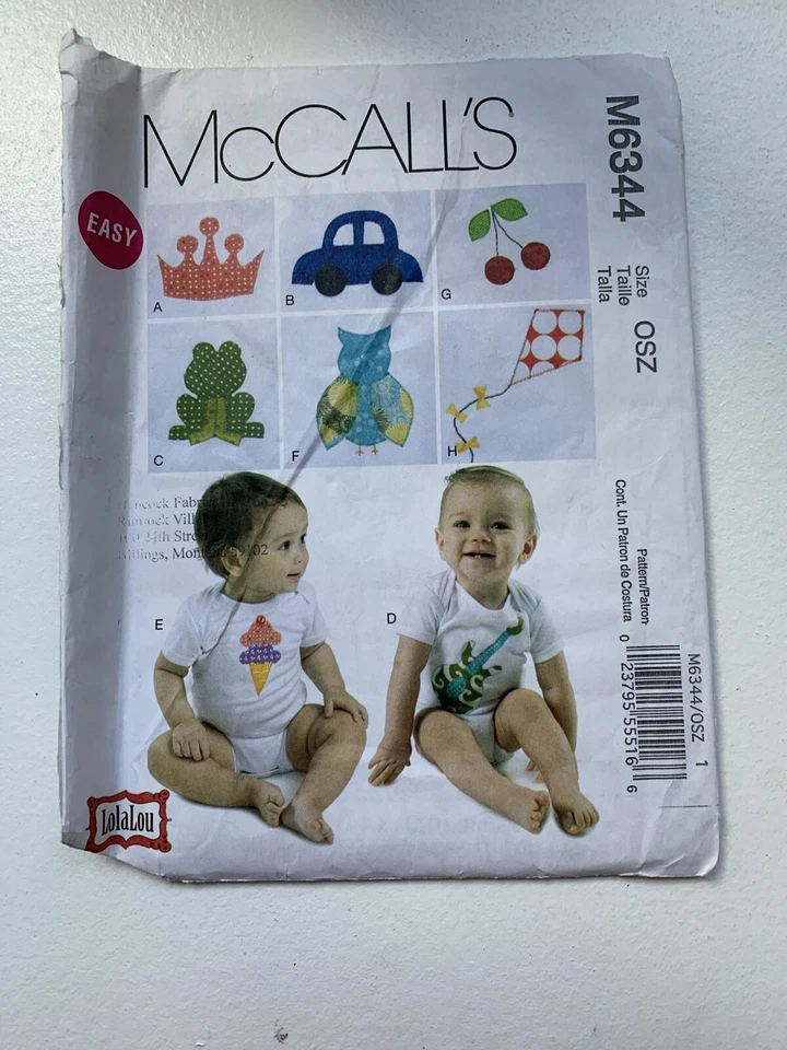 McCall's Pattern 6344 Baby One -Piece Shirts with Appliques snap crotch infants - Image 1 of 1