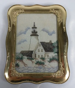 Vtg 5" x 7" Brass Colored Frame Lighthouse Cross Stitch Needlepoint Velvet Back - Picture 1 of 2