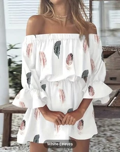 womens boho chic mini dress White with Leaves size small brand new! - Picture 1 of 4