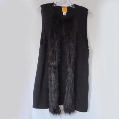 Ruby Rd Womens Black Long Sweater Knit Vest w/ Faux Fur Trim Large EUC 70s Glam - Image 1 of 4