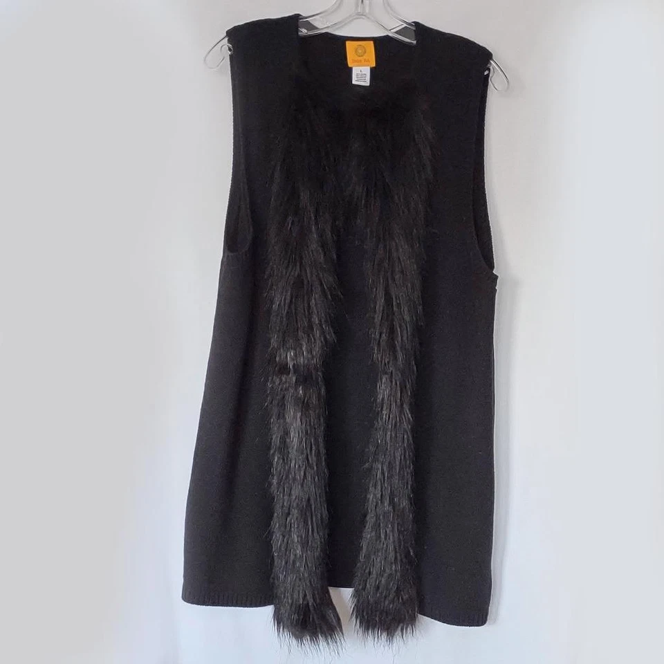 Ruby Rd Womens Black Long Sweater Knit Vest w/ Faux Fur Trim Large EUC 70s Glam - Image 1 of 4