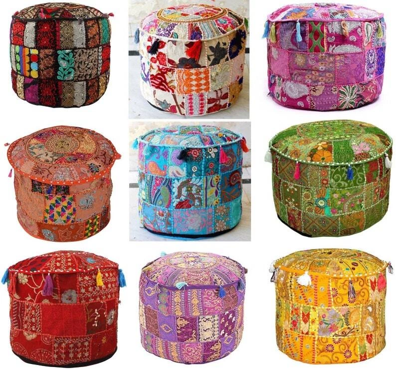 Indian Ottoman round stool pouf cover patchwork pouffe footstool cover storage - Image 1 of 4