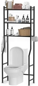 3-Tier Over The Toilet Storage Space Saver Metal Bathroom Shelves 4 Hooks Black - Picture 1 of 6