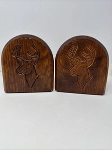 Stained Wood Buck Deer Head Bookends Cabin Decor - Picture 1 of 8