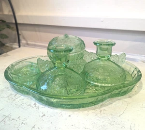 Vintage Art Deco Green Glass 5 Piece Vanity Dressing Table Set Retro Butterflies - Picture 1 of 23