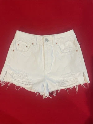 Nuevo Pantalones Cortos de Jean Topshop Moto MOM Denim Blanco Talla 2 Flecos Destruidos Envejecidos Foto 1 de 4