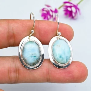 Blue Larimar Gemstone Handmade 925 Sterling Silver Jewelry Earrings Easter Gift - Picture 1 of 5