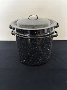 3 Pc Enamel Ware Black Speckled Clam Steamer Stock Pot w/Strainer insert & Lid - Picture 1 of 5