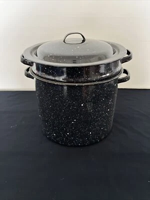 3 Pc Enamel Ware Black Speckled Clam Steamer Stock Pot w/Strainer insert & Lid - Image 1 of 4