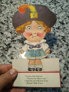 Antique Valentine Card Adorable Big Eye Girl Raspberry Beret Stand Up Large 8" - Imagen 1 de 4