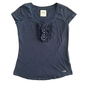 Hollister Y2K Navy Henley Ruffle Cotton Demure Tee T-shirt Women’s Size Large - Picture 1 of 5