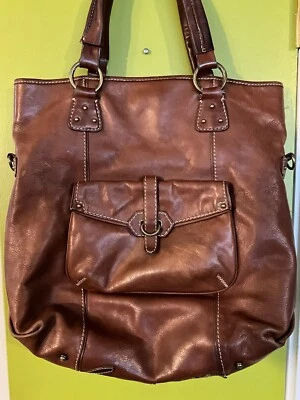 ETIENNE COLLECTION PRIVEE WhiskeyBrown Leather Tote Handbag Appliqué Patina Hobo - Image 1 of 4