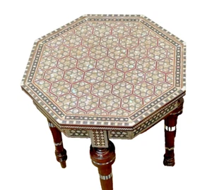 Handmade Wooden End Table Carving Wood Table Home Decor Mother of Pearl Inlay - Picture 1 of 18