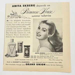 Primrose House Summer Toiletries Vintage Print Ad 1950s Anita Ekberg RKO Star - Picture 1 of 6