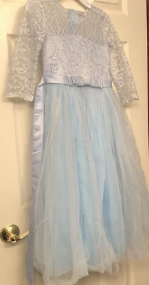 Girls Size 130 (6-7) Light Blue Lace Formal Dress Kids Wedding Party Bow Tulle - Image 1 of 4