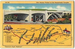 Nuevo mapa de autopista de peaje del viaducto Stanton Pennsylvania - postal de lino del estanque 1940 - Imagen 1 de 2