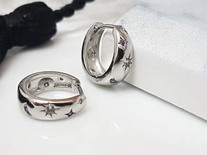 925 Silver Sparkly Star Sun CZ Huggie Hoops • Starburst Earrings •A253 - Picture 1 of 14
