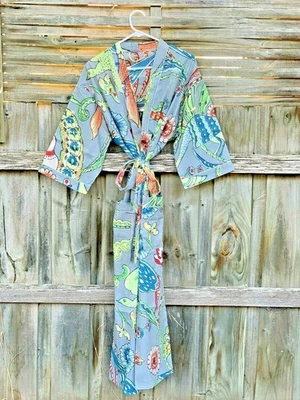 Colorida bata kimono floral cachemira algodón ligero salón albornoz con cinturón Foto 1 de 2