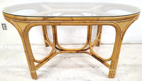 Vintage 1970s Bamboo Rattan Glass Oval Dining Table Cover
