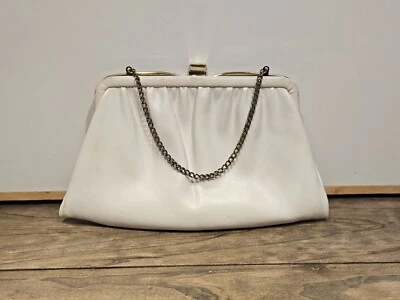 Vintage Ivory Ande White Leather Clutch W/ Gold Tone Chain Strap Frame Closure  - Image 1 of 4