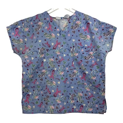 MHD Scrubs Size L Scrub Top Blue Angels Pink Ribbon Pattern Pockets Medical - Image 1 of 4