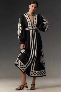 💕$ 330 Farm Rio GR. SMALL SCHWARZ NATUR V-AUSSCHNITT KNOPF LANGARM MAXIKLEID NEU - Bild 1 von 4