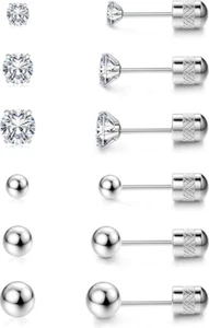 Titanium Stud Earrings, 5 Pairs Threadless Hypoallergenic Cubic Zirconia Earring - Picture 1 of 6