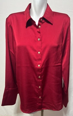 Ann Klein Women Red Satin Finish Top Blouse Button Down New NWT - Image 1 of 4