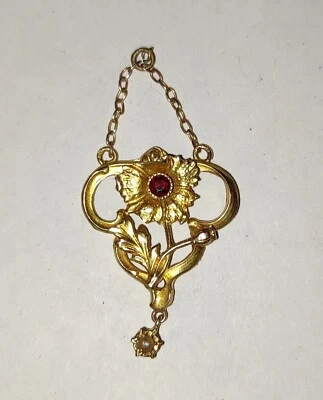 Pendentif Breloque  Ancien Fleur Art Nouveau Jugendstil Or 18 750 rubi C.1900 - Photo 1/4