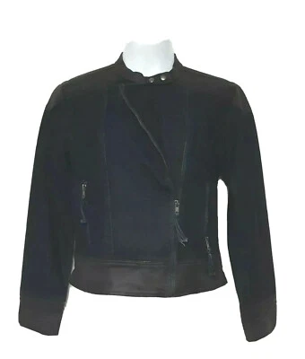 Chaqueta de moto de mezclilla para mujer talla pequeña NY&CO lavado oscuro negro dobladillo yugo, puños usada en excelente estado Foto 1 de 4