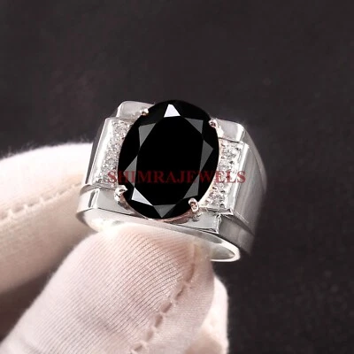 Piedra preciosa de ónix negro natural con anillo de plata enchapado en oro blanco de 14K para hombre #1307 Foto 1 de 4