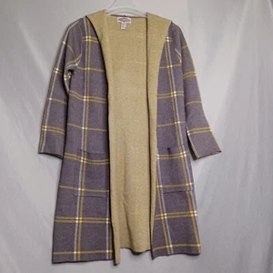 Oliver By Escio Duster Cardigan Womens M Gray Plaid Open Hooded Knit Preppy Y2K - Picture 1 of 8