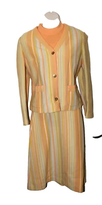 Gentucca 复古开衫 3 件套西装裙女式 100% 羊毛意大利 10 码橙色 — 第 1/4 张图片