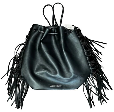 VICTORIA'S SECRET   BLACK Vegan Fringed  BACKPACK TOTE BAG PURSE   15x14x6  FLAW - Image 1 of 4