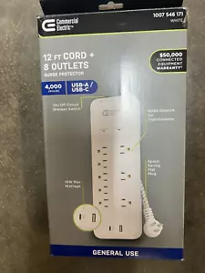 COMMERCIAL ELECTRIC 12 ft. Braided Cord 8-Outlet Surge Protector USB USB-C white - Picture 1 of 4