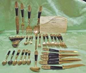 Teak Wood and Brass Buddha Flatware with Serving Pieces 1960 - Picture 1 of 12