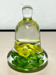 Vintage Joe St. Clair Glass Bell Shape Paperweight 4.5" Green w/Yellow Flowers - Picture 1 of 7