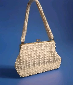 Vintage Lumured Corde Beaded 50er Jahre Geldbörse Creme Handtasche Top Zustand - Bild 1 von 16