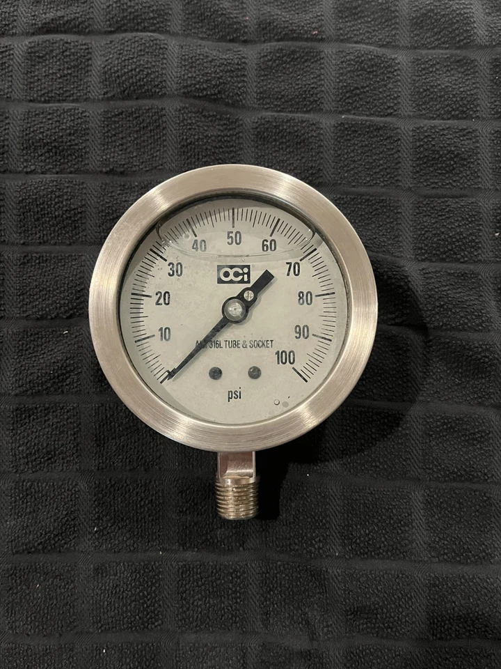 OCI Pressure Gauge 3.5” Face 0-100 Psi 3/4” Back Conn Glycerin Flld 316L SSteel - Image 1 of 4