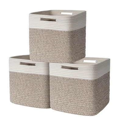 Cestas de algodón tejidas a mano para cubos de almacenamiento contenedores de almacenamiento con asas plegables Co Foto 1 de 4