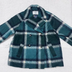 Mapel Wool Check P-Coat Green M Opaque.Clip Big checked Mid-length Used JAPAN - Picture 1 of 19