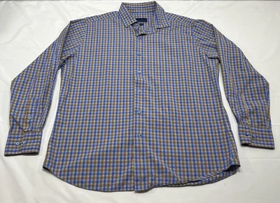 Camisa David Donahue Fusion Para Hombre XL 17.5 Marrón Azul Guinga Cuadros Manga Larga Foto 1 de 4