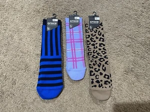 Crocs Crew Socks Mixed Lot 3 Pairs Adult Size S/M L/XL NEW Leopard Stripe Plaid - Picture 1 of 9