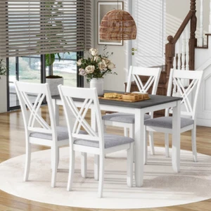 Rustic Minimalist Wood 5-Piece Gray Dining Table Set with 4 X-Back Chairs - Picture 1 of 15