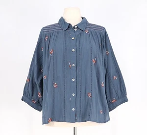 WRAP LONDON $199 Embroidered Crinkle Cotton Blouse in Blue Washed Ink Size US 12 - Picture 1 of 8