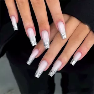 Silver Waves French False Nail Coffin Long Press on Nails for Nail Art 24pcs - Picture 1 of 6