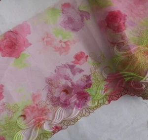 5y 7" Wide Pink Print Colorflu Lace/Embroidered Gold,Green,Ivory, Floral eh0235 - Picture 1 of 2