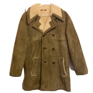 Vintage Sherpa Coat Long Jacket Men's Size 40 Made in Denmark 1980s Gray Leather - Picture 1 of 6