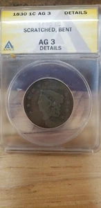 1830 Coronet Head Large Cent, Rotated Reverse,  AG 3 ANACS - Picture 1 of 3