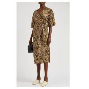 Faithfull the Brand WOMEN Elfrida Leopard Print Wrap Dress Tan Black Size Small - Picture 1 of 7